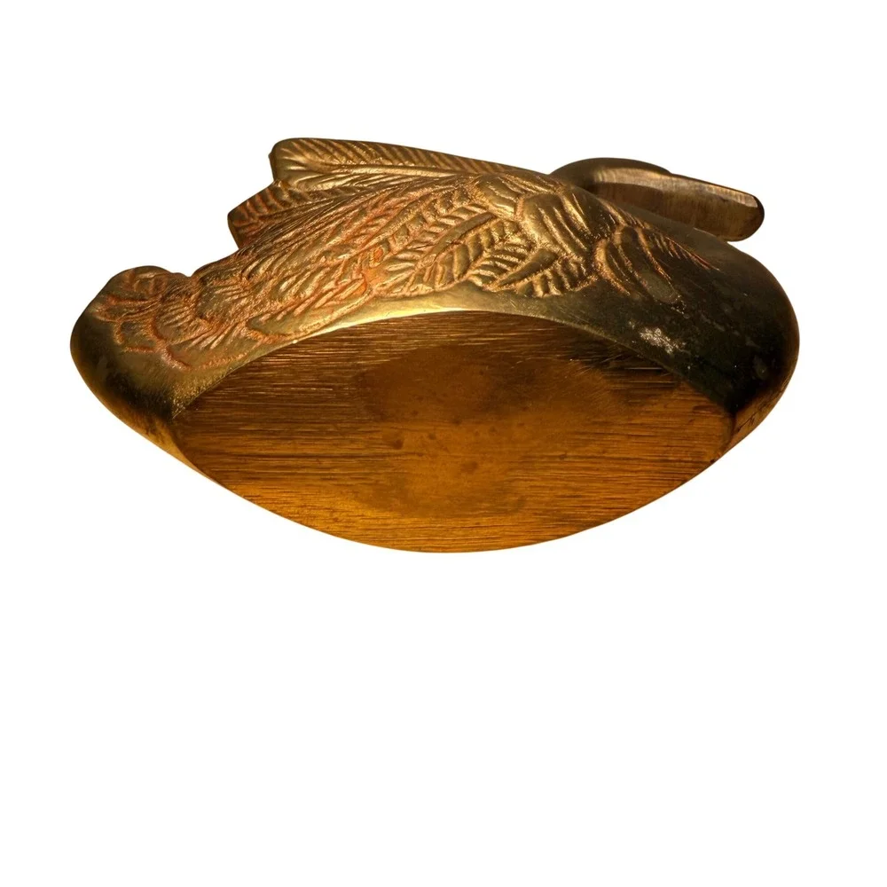 Vintage Brass Swan Planter Deep Catchall Feather Details MCM Decor 6